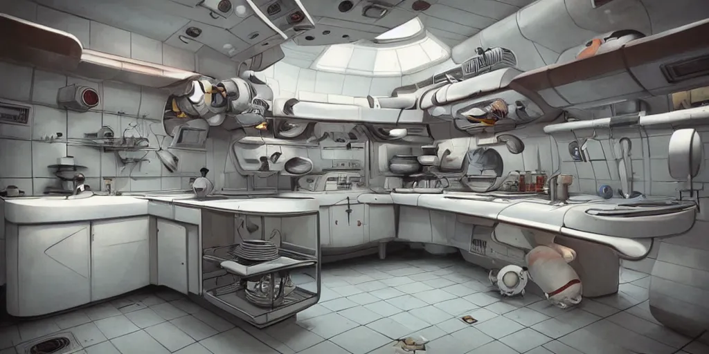 Image similar to soviet retro - futuristic kitchen, space station