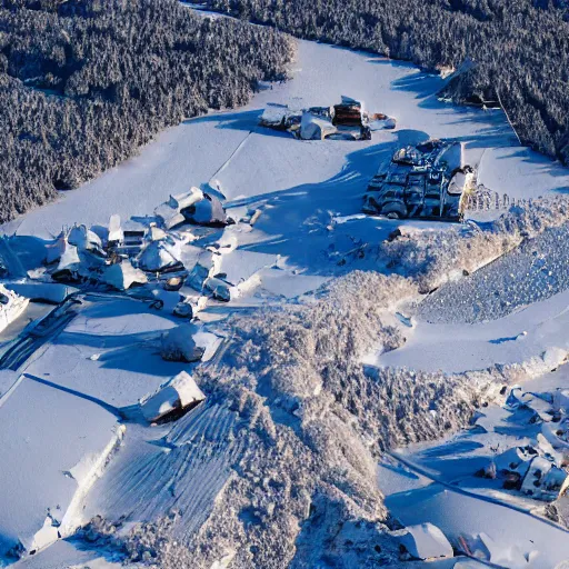Image similar to sattelite image of post pocaliptic snow from 250 meters height, only snow, old lumber mill remains, few boozes with wood and supply, beautiful winter area