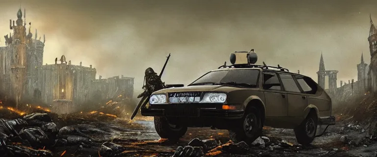 Image similar to Armored and Armed Military Audi 80 B3 Avant (1988) with a mounted M249, Dark Souls 3, Eldritch Horrors, Wretched and Corrupted Knights, a grim fantasy, Anor Londo, dramatic lighting, cinematic, establishing shot, extremely high detail, photorealistic, cinematic lighting, artstation, by simon stalenhag