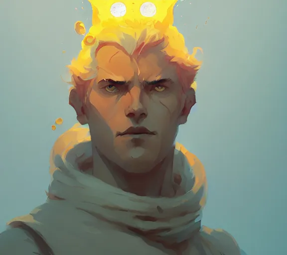 Image similar to portrait of king of sun and fire, golden eyes, tarot, by atey ghailan, by greg rutkowski, by greg tocchini, by james gilleard, by joe fenton, by kaethe butcher, dynamic lighting, gradient light blue, brown, blonde cream and white color scheme, grunge aesthetic