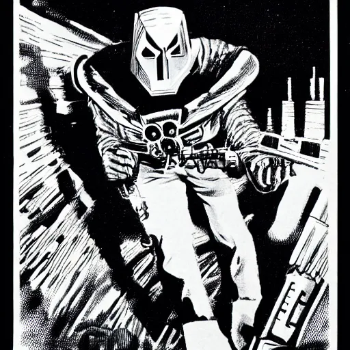 Prompt: mf doom by edmund emshwiller, action pose