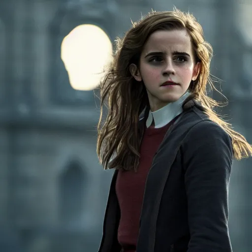 Prompt: Photograph of Emma Watson as Hermione Granger. During golden hour. Extremely detailed. Beautiful. 4K. Award winning.