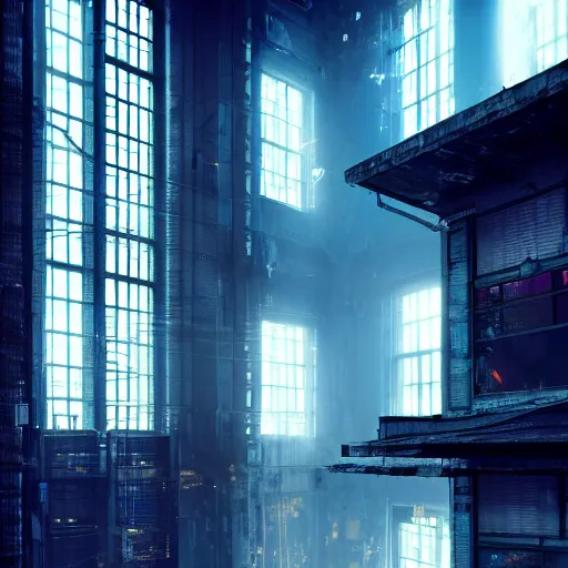 Image similar to One dilapidated building with only one window glowing. ArtStation, Cyberpunk, Vertical Symmetry, 8K, Highly Detailed, Intricate, Album Art.