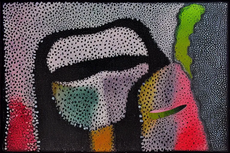 Prompt: teeth, smile, faceless people dark, acrylic, clay, dots abstract, dripping, stipple, pointillism, technical, abstract, minimal, style of francis bacon, asymmetry, pulled apart, stretch, cloak, eerie, made of dots, abstraction chemicals, balaclava mask, colored dots, sploch