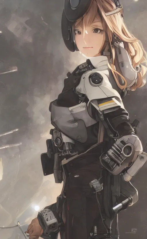 Prompt: pilot girl, cyborg aircraft parts, anime style, military pilot clothing, shoulder eyes, last exile anime, hair down, symmetrical facial features, from arknights, hyper realistic, 4 k, rule of thirds, extreme detail, detailed drawing, trending artstation, realistic lighting, by alphonse mucha, greg rutkowski, short neck