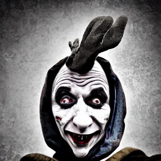 Prompt: medieval jester, sinister, photograph, portrait,