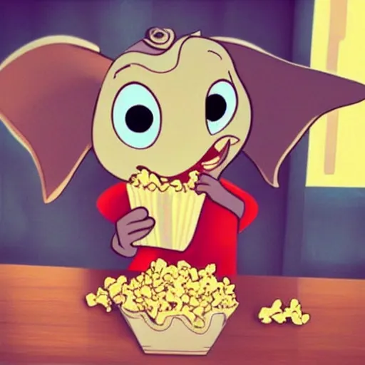 Prompt: “Dumbo eating popcorn”