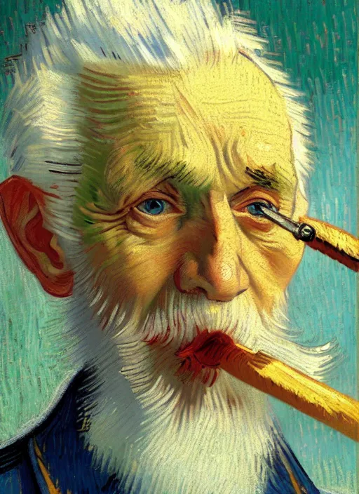 Image similar to portrait of a very old sailor with white hair smoking a pipe, detailed realism face in painting, detailed beautiful portrait, expressionist oil painting masterpiece, 8 k resolution, smooth, sharp focus, pastel color palette, trending on artstation, by van gogh