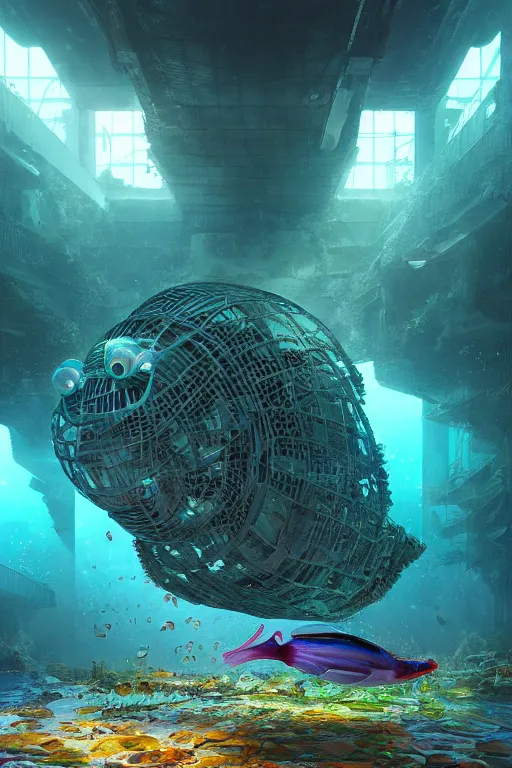 Image similar to hyperrealistic precisionist cinematic underwater dystopian futurist city ruins with giant bioluminescent multicolored mutant fish and cyborg jellyfish, digital art masterpiece, aykut aydogdu eric zener, very dramatic volumetric light, long shot, ground angle uhd 8 k, deep focus