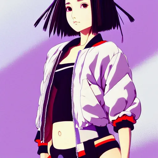 Image similar to a beautiful japanese natalie portman gravure model, wearing oversized native designer bomber jacket and leotard, bulky poofy bomber jacket with mesoamerican patterns, mesoamerican native street fashion, gapmoe yandere grimdark, trending on pixiv fanbox, painted by greg rutkowski makoto shinkai takashi takeuchi studio ghibli, akihiko yoshida