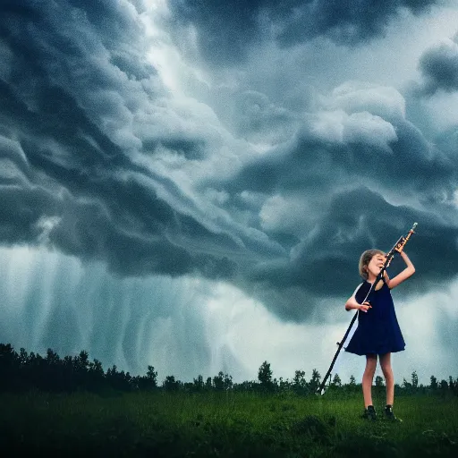 Prompt: young girl playing flute, birch forest clearing, storm at night, lightning dragons attack, low angle facing sky, cinematic, dramatic lighting, big storm clouds, high contrast