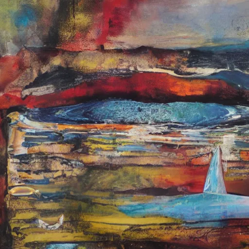 Image similar to a painting of a sailboat floating on a body of water, an abstract painting by ted degrazia, reddit contest winner, lyrical abstraction, mixed media, acrylic art, gold leaf, oil on canvas