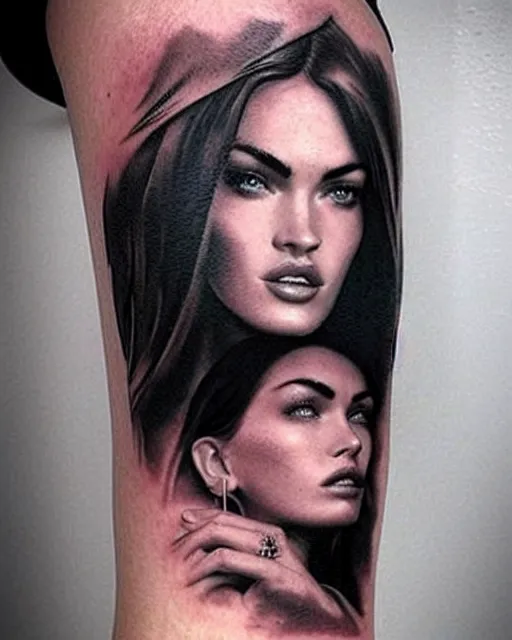 Image similar to creative double exposure effect tattoo design sketch of megan fox faded in beautiful mountain scenery, realism tattoo, in the style of matteo pasqualin, amazing detail, sharp