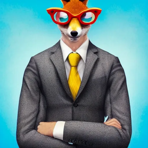 Image similar to a cute male anthropomorphic vulpes vulpes fulva teacher wearing suit working at a school, pixar style, by tristan eaton stanley artgerm and tom bagshaw.