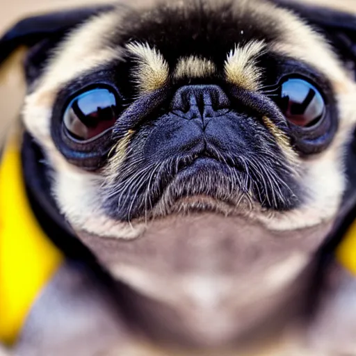 Image similar to bumblebee pug, soft and fluffy, macro photography, high resolution photo