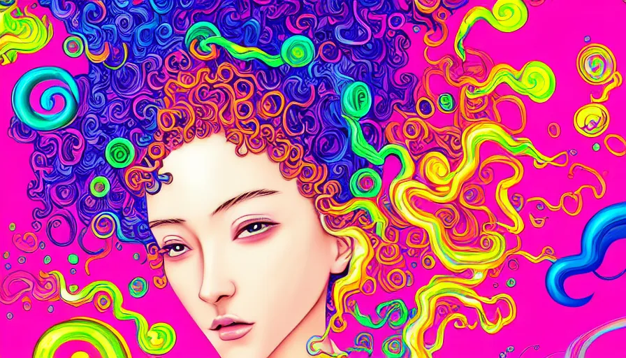 Prompt: a digital painting of a woman with colorful hair made of curly liquid and bubbles, intricate mechanical details, futuristic, a pop art painting by tomokazu matsuyama, behance contest winner, psychedelic art, psychedelic, 2 d, digital illustration, trending on artstation, anime stylized, accurate fictional proportions, high delicate defined details, ethereal lighting