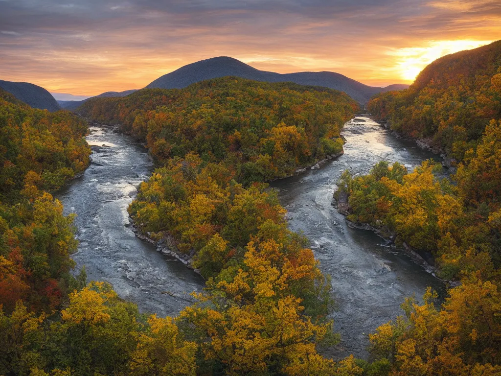 Image similar to “a river bend running through a canyon surrounded by mountains at sunset, a tilt shift photo by Frederic Church, by ansel adams, trending on unsplash, hudson river school, photo taken with provia, national geographic photo, tilt shift”