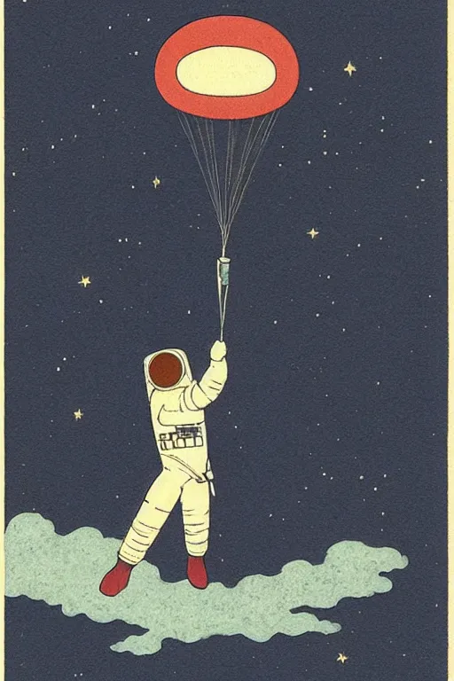 Image similar to An astronaut floating above the earth, in the style of kawase hasui