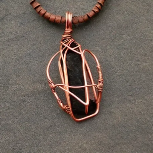 Image similar to beautiful but simple amulet made from sandstone and dirtstone, bound together by copper wire