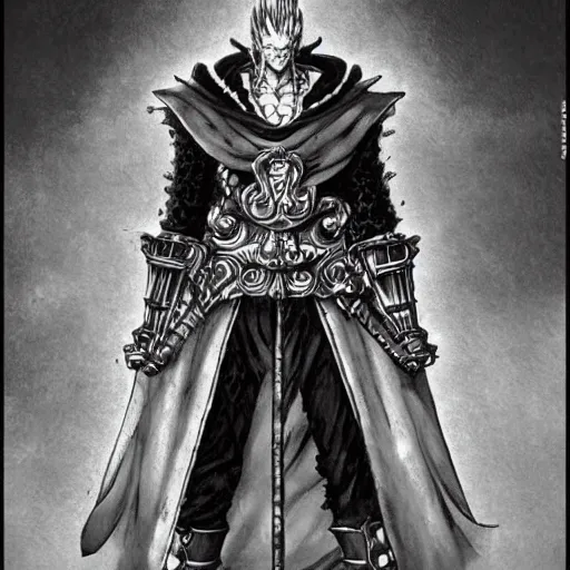 Image similar to Very detailed character design of a antagonist from a light novel by kentaro miura, eiichiro oda, masashi kishimoto