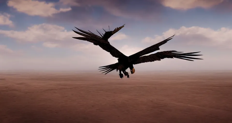 Prompt: artwork of a distant vulture flying in a desert, artstation