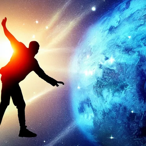 Image similar to 4K ultra HD detailed award-winning wallpaper of silhouette of man reaching his hand towards huge vast sky Earth universe