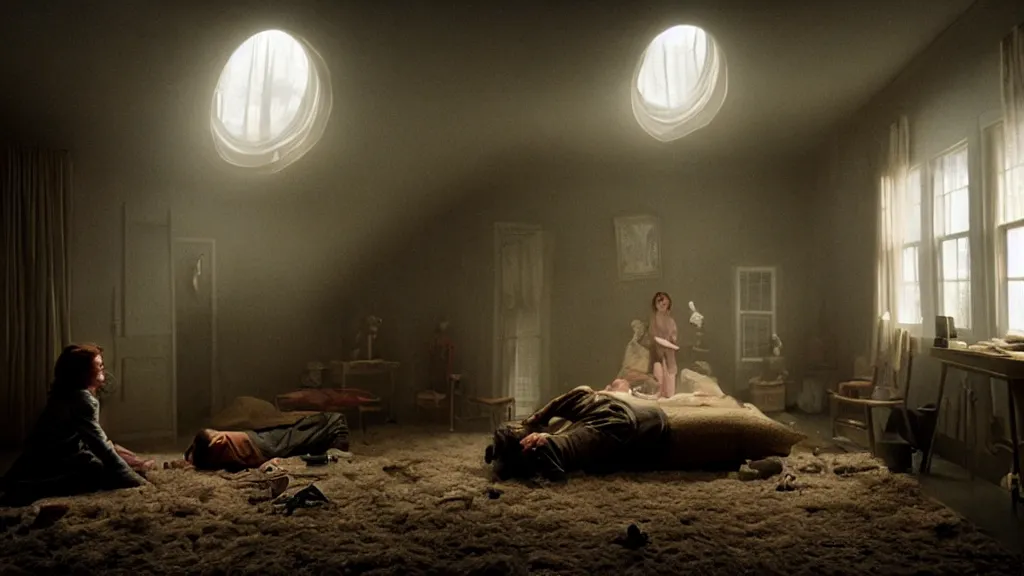 Image similar to the people inside the upside down house, film still from the movie directed by denis villeneuve and david cronenberg, with art direction by salvador dali, wide lens