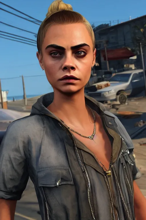 Image similar to Cara Delevingne as a GTA V NPC in Vespucci Beach, in game capture. 3D Render.