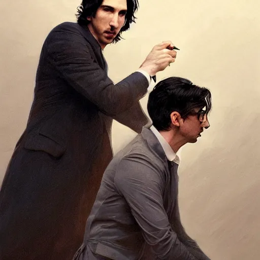 Prompt: painting of both john oliver and adam driver together, john oliver in front, full body, elegant, beautiful, highly detailed, centered, dark, smokey, digital painting, concept art, smooth, sharp focus, illustration, deviant art, art by artgerm, art by greg rutkowski, art by alphonse mucha n 9