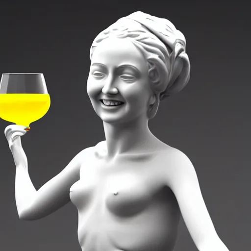 Image similar to a smiling model of a white marble human head holding a coctail, digital illustration, in the style of skeeva, 3 d render, above the waist