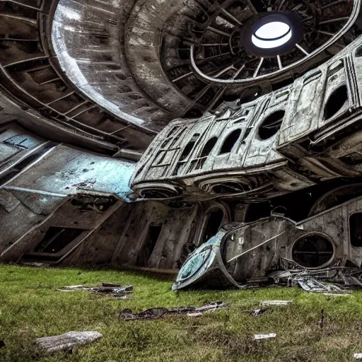 Image similar to overgrown desolate abandoned millenium falcon