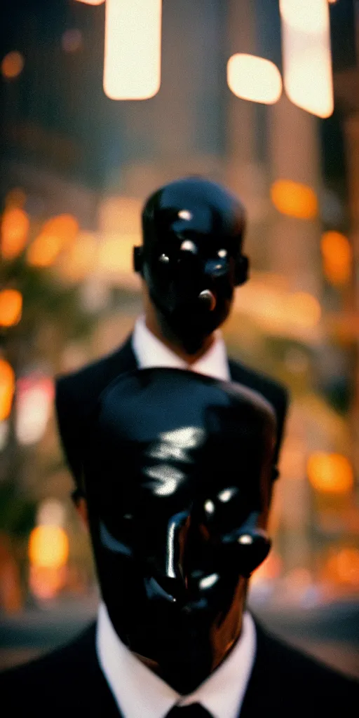 Image similar to sharp portrait of a man in a suit with a face made of black shiny leather standing in los angeles, blured zombies on a background, bokeh, detailed, film photography, kodak portra 4 0 0, mamiya,