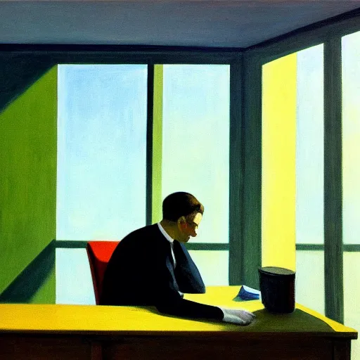 Image similar to painting of a lone man, sitting at his desk in an empty, huge office, in the style of edward hopper