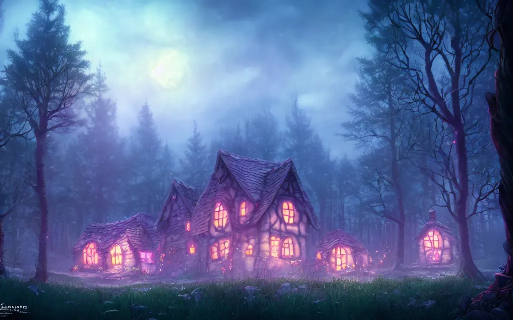 Image similar to gloomy sparse fairytale forest with witches cottage made of candy in the distance, visual novel key visual, award - winning digital art on pixiv, trending on artstation - cinematic lighting, dramatic lighting, stunning and beautiful scenery - highly detailed, hyperrealistic, unreal engine 5, in the style of kingdom hearts