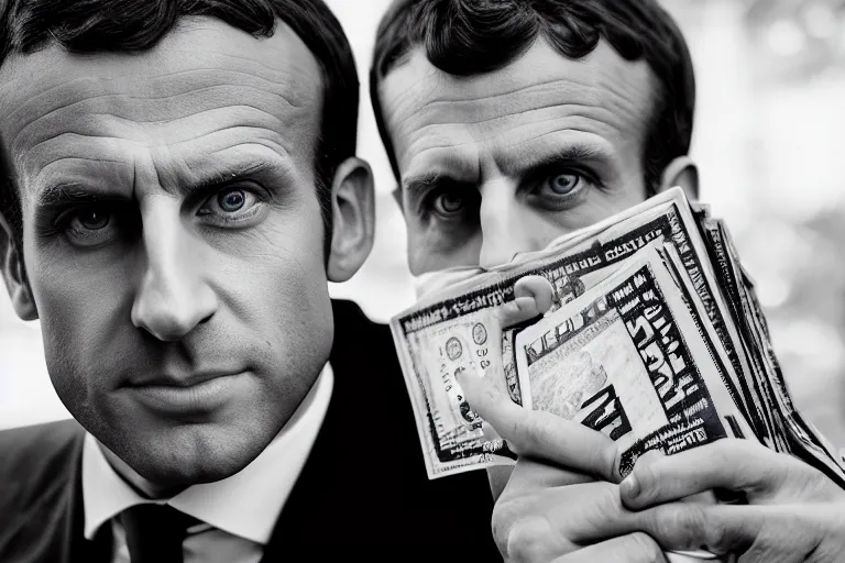 Prompt: close up portrait of emmanuel macron holding bags of money, photograph, natural light, sharp, detailed face, magazine, press, photo, steve mccurry, david lazar, canon, nikon, focus