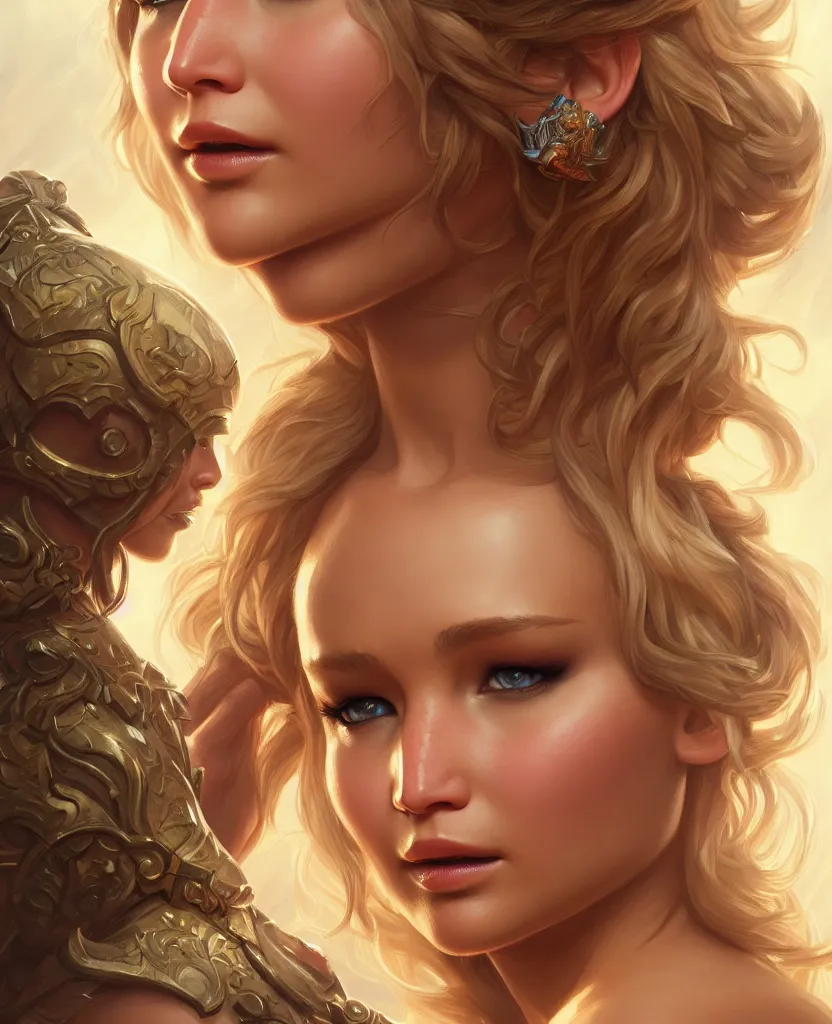 Image similar to Jennifer Lawrence, closeup, D&D, fantasy, intricate, elegant, highly detailed, digital painting, artstation, concept art, matte, sharp focus, illustration, hearthstone, art by Artgerm and Greg Rutkowski and Alphonse Mucha