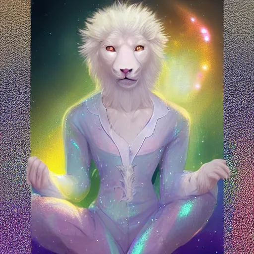 Image similar to aesthetic portrait commission of a albino male furry anthro lion wearing a cute holographic iridescent long sleeved silky reflective shirt outfit with bubble patterns and shapes, winter Atmosphere. Character design by charlie bowater, ross tran, artgerm, and makoto shinkai, detailed, inked, western comic book art, 2021 award winning painting