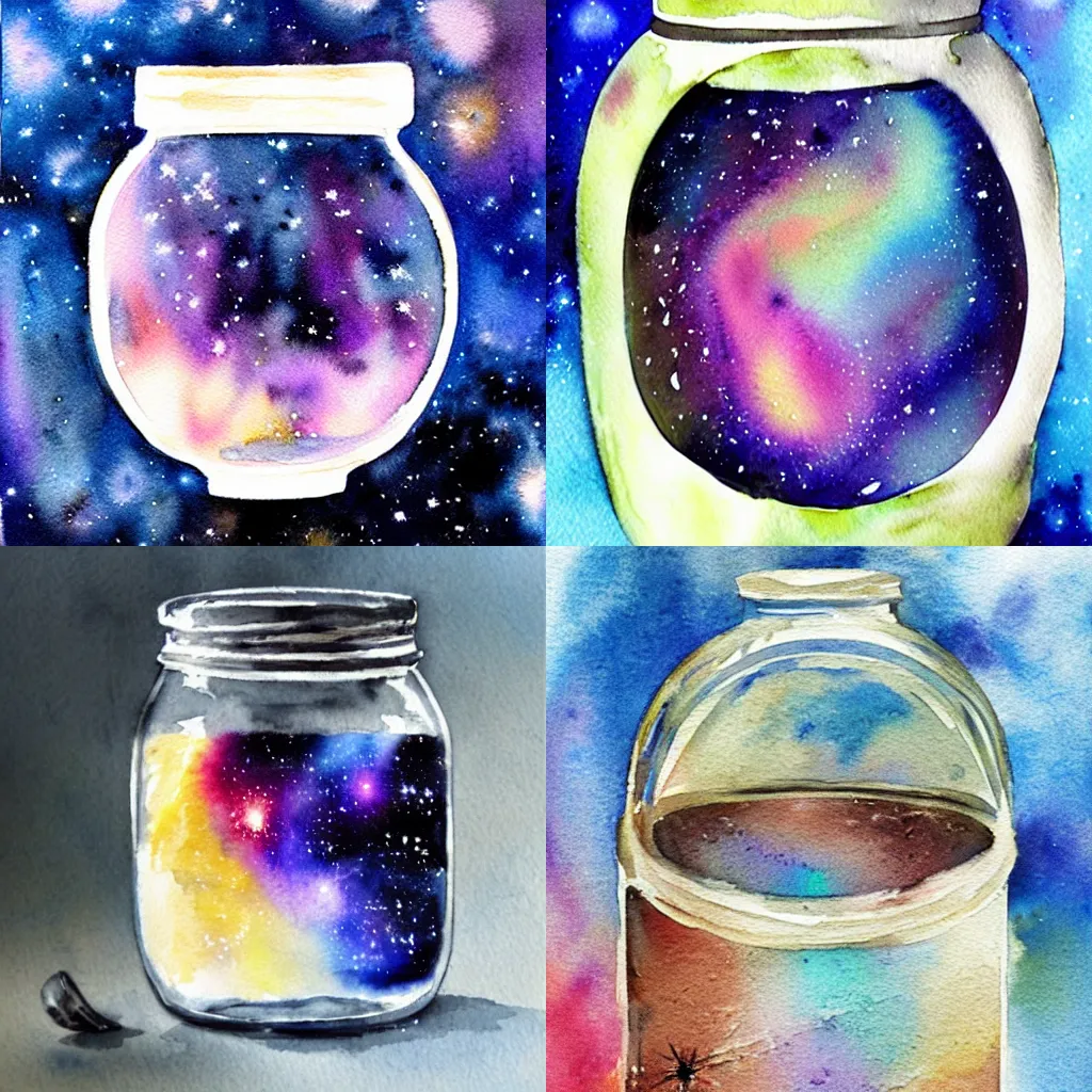 Prompt: a watercolor painting of a galaxy inside a jar, artstation