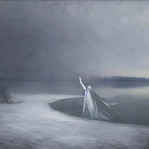 Prompt: ominous bedsheet ghost floating above a frozen lake, oil painting, brush strokes, gloomy foggy atmosphere, symmetrical, full body image, highly ornate intricate details,