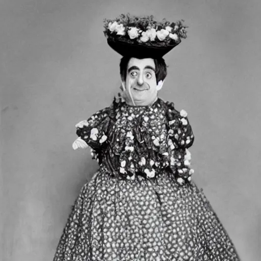 Prompt: mr.bean dressed in a flower dress, photo, 1899