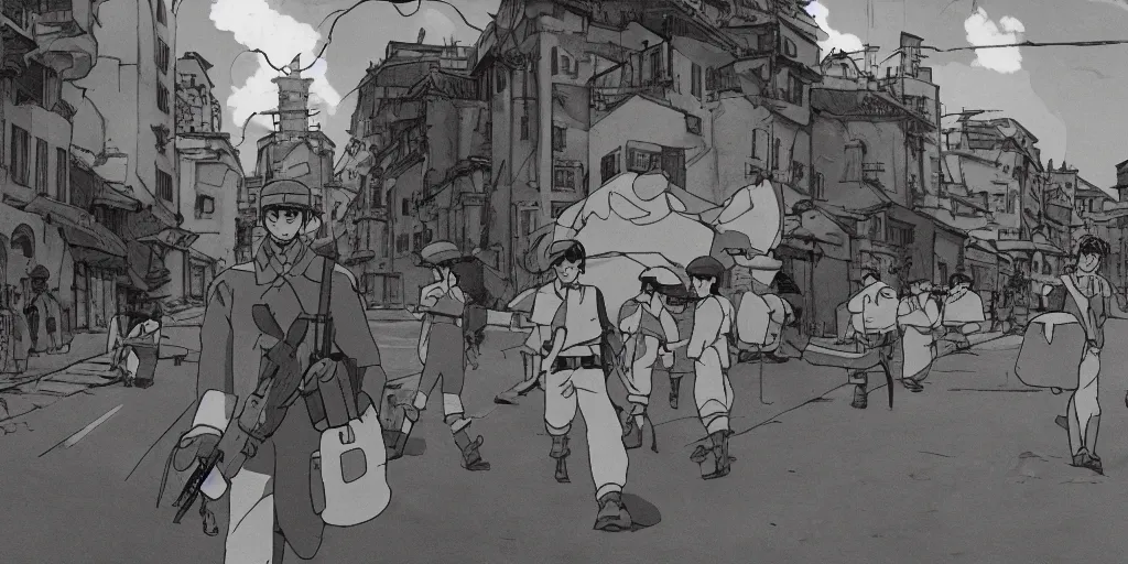 Image similar to wholesome animation studio Ghibli of a young soldier walking near some nazists and tanks in the city of Genova. Sharp bloom dramatic lightning