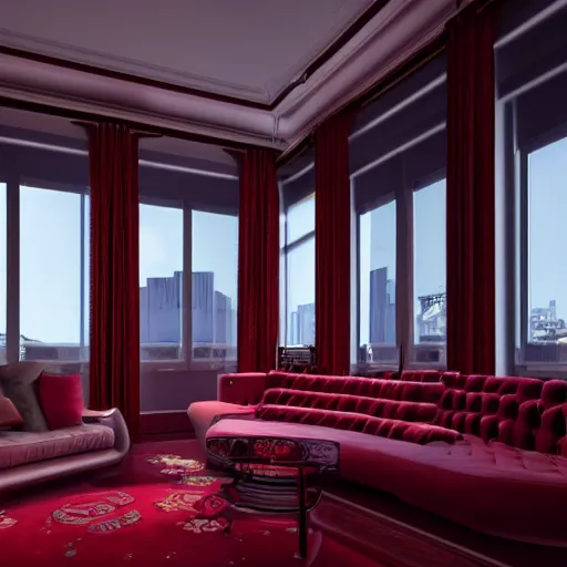 Prompt: A photorealistic music studio, Paris hotel style, red velvet furniture, light rays coming out of the windows, the windows have a view on Paris, raytracing, highly detailed, futuristic, unreal engine 5, photoscanned, photorealistic,