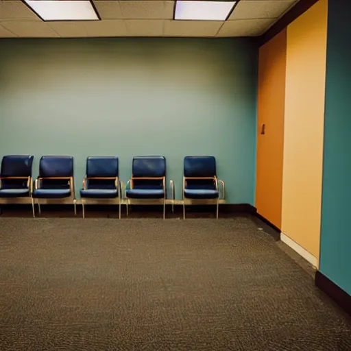 Image similar to Nostalgic waiting room, lowly-lit, 1990s style, no people