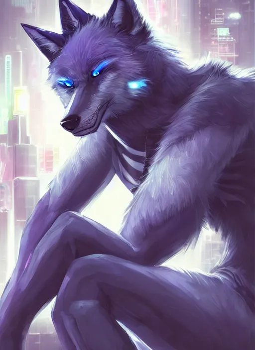 Image similar to award winning beautiful portrait commission of a male furry anthro Blue wolf fursona with a tail and a cute beautiful attractive detailed furry face wearing stylish black cyberpunk clothes in a cyberpunk city at night while it rains. Character design by charlie bowater, ross tran, artgerm, and makoto shinkai, detailed, inked, western comic book art