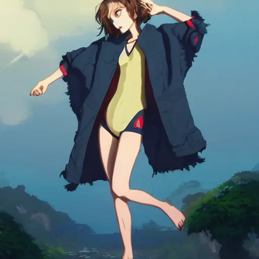 Image similar to a beautiful! boyish! natalie portman alluring gravure! model, wearing oversized mayan bomber jacket and leotard with overalls, bulky poofy bomber jacket with mayan patterns, gapmoe yandere grimdark, trending on pixiv fanbox, painted by greg rutkowski makoto shinkai takashi takeuchi studio ghibli, akihiko yoshida