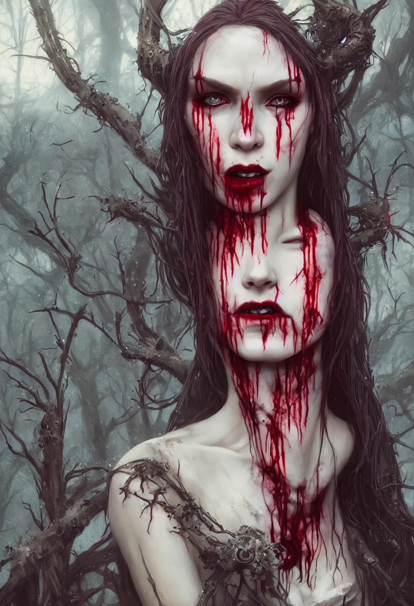 Image similar to beautiful, very very very extreme closeup portrait, bloody, vampire girl, extreme blood, vampire fangs, medieval dress. witch, makeup. unreal engine, greg rutkowski, loish, rhads, beeple, tom bagshaw, alphonse mucha, global illumination, detailed and intricate environment