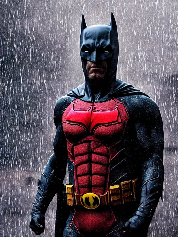 Image similar to film still, ryan reynolds as batman, mask half torn, hyperrealism, moody lighting, rain, intricate, 8 k