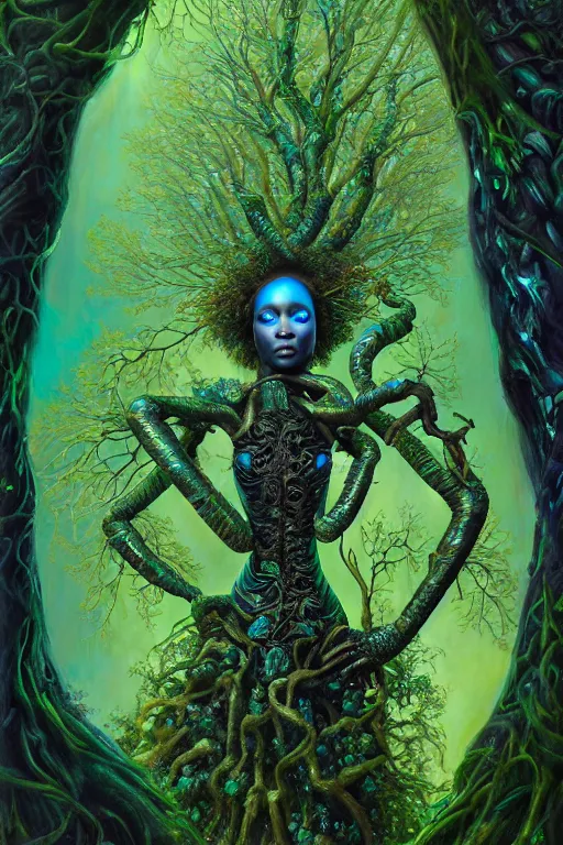 Image similar to hyperrealistic neo - baroque super expressive! black woman with exoskeleton armor, merging with tree in a forest, highly detailed digital art masterpiece smooth cam de leon hannah yata dramatic pearlescent blue green light ground angle hd 8 k sharp focus