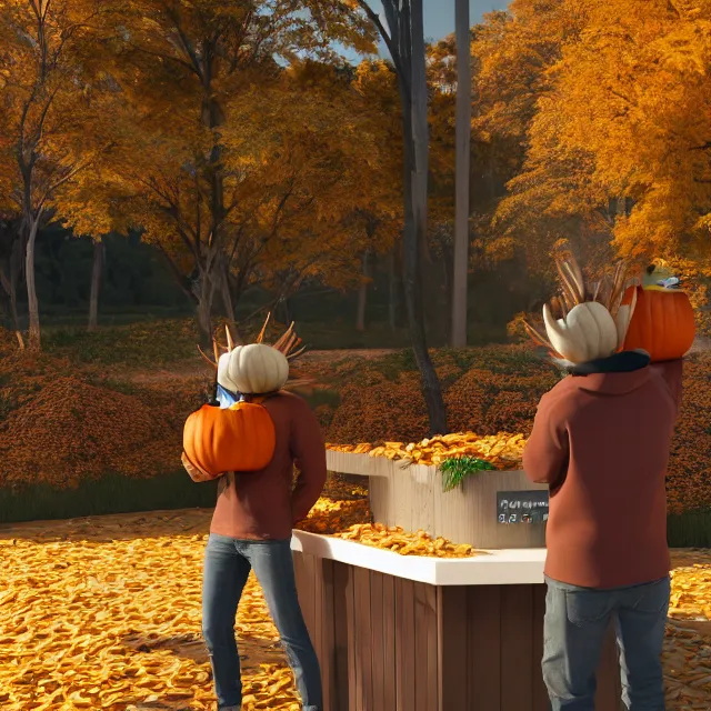 Image similar to pumpkin headed people ordering coffee at a coffee stand, maple trees with fall foliage, on a mountain, volumetric, realistic, cinematic lighting, ray tracing, unreal engine 5, octane render, hyper realistic, photo, 8 k