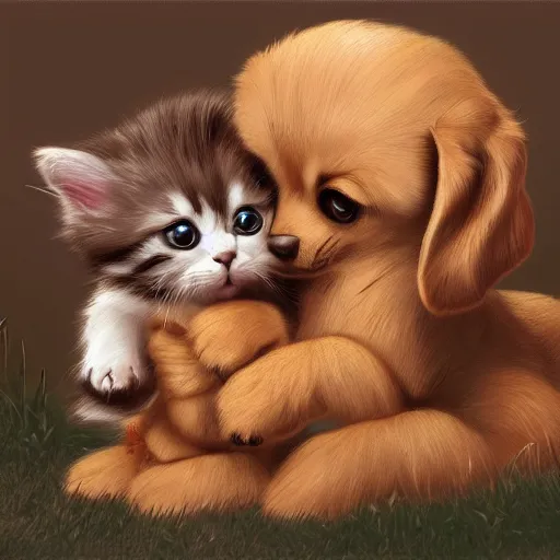 Image similar to The cutest puppy and kitten in the world are playing with each other, higly detailed, ArtStation, high quality, digital illustration